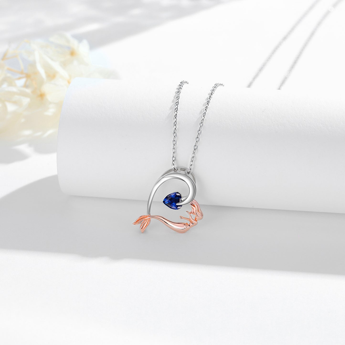 Mermaid Heart Necklace with Blue Heart Crystal 925 Sterling Silver