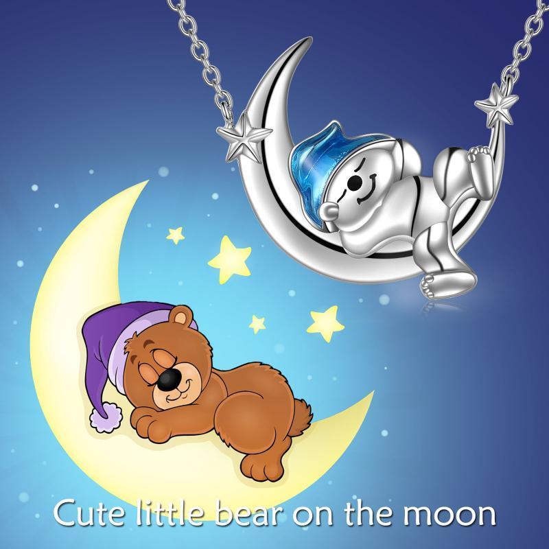 Cute Sleeping Bear on the Moon 925 Sterling Silver Pendant Necklace