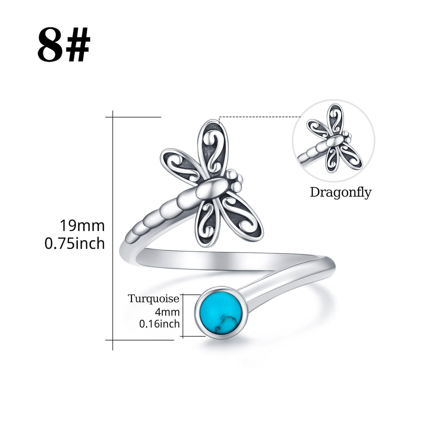 Dragonfly Turquoise Open Ring 925 Sterling Silver