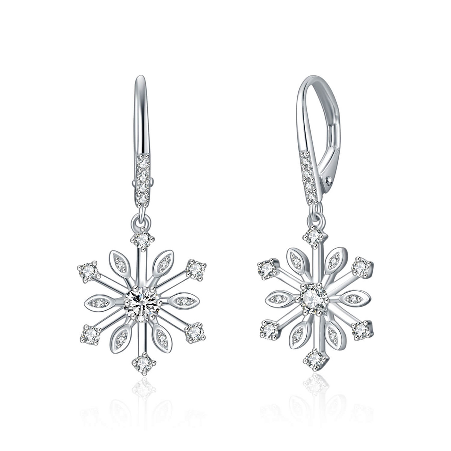 Zirconia Snowflake 925 Sterling Silver Leverback Dangle Drop Earrings