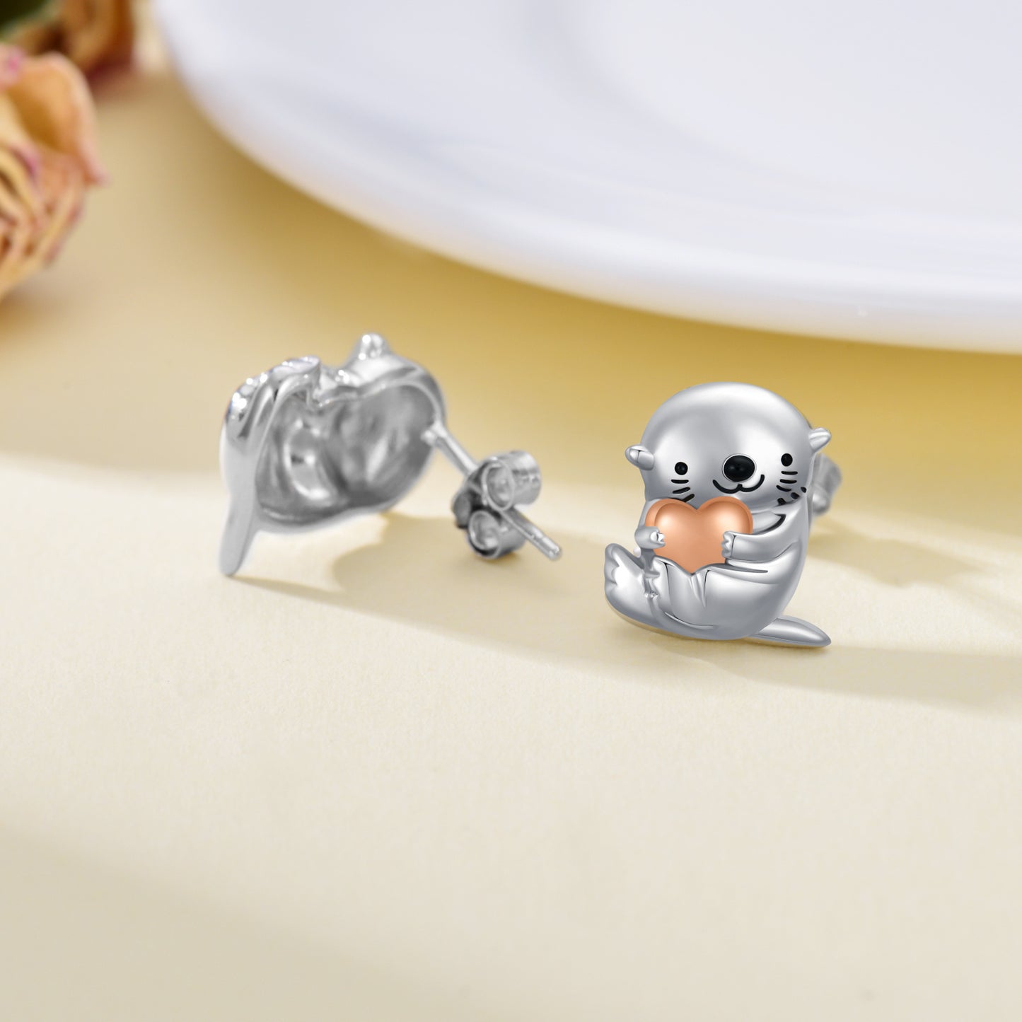 Sea Otter With Heart Earrings 925 Sterling Silver Stud Otter Earrings