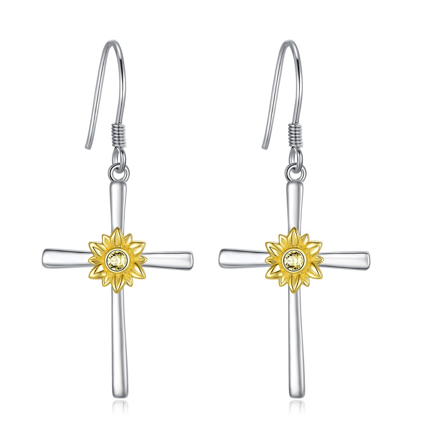 Sunflower Cross Earrings 925 Sterling Silver Cross Dangle Drop Hook Earrings