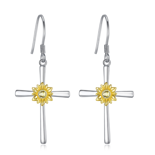 Sunflower Cross Earrings 925 Sterling Silver Cross Dangle Drop Hook Earrings