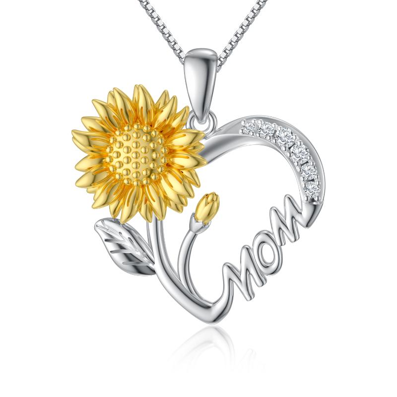 Sunflower Heart I Love You Mom Pendant 925 Sterling Silver