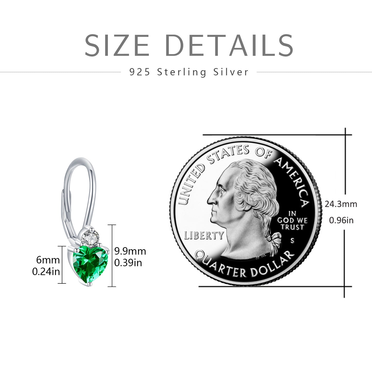 Sterling Silver Heart Earrings with Emerald Green Cubic Zirconia