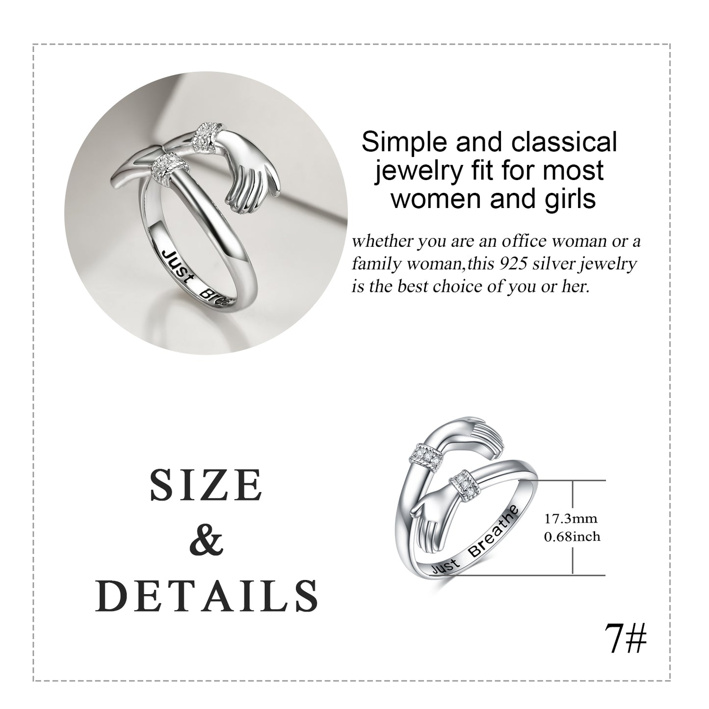 Just Breathe Hug Ring 925 Sterling Silver Adjustable Hand Ring