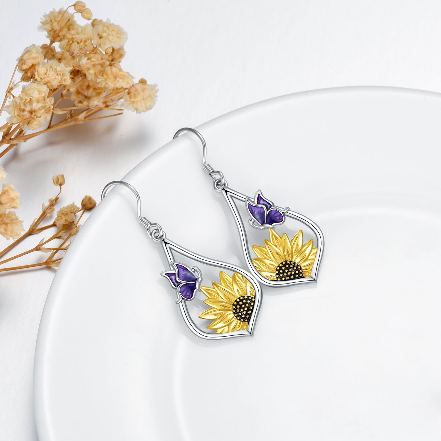 Sunflower Dangle Earrings with Purple Butterfly 925 Sterling Silver