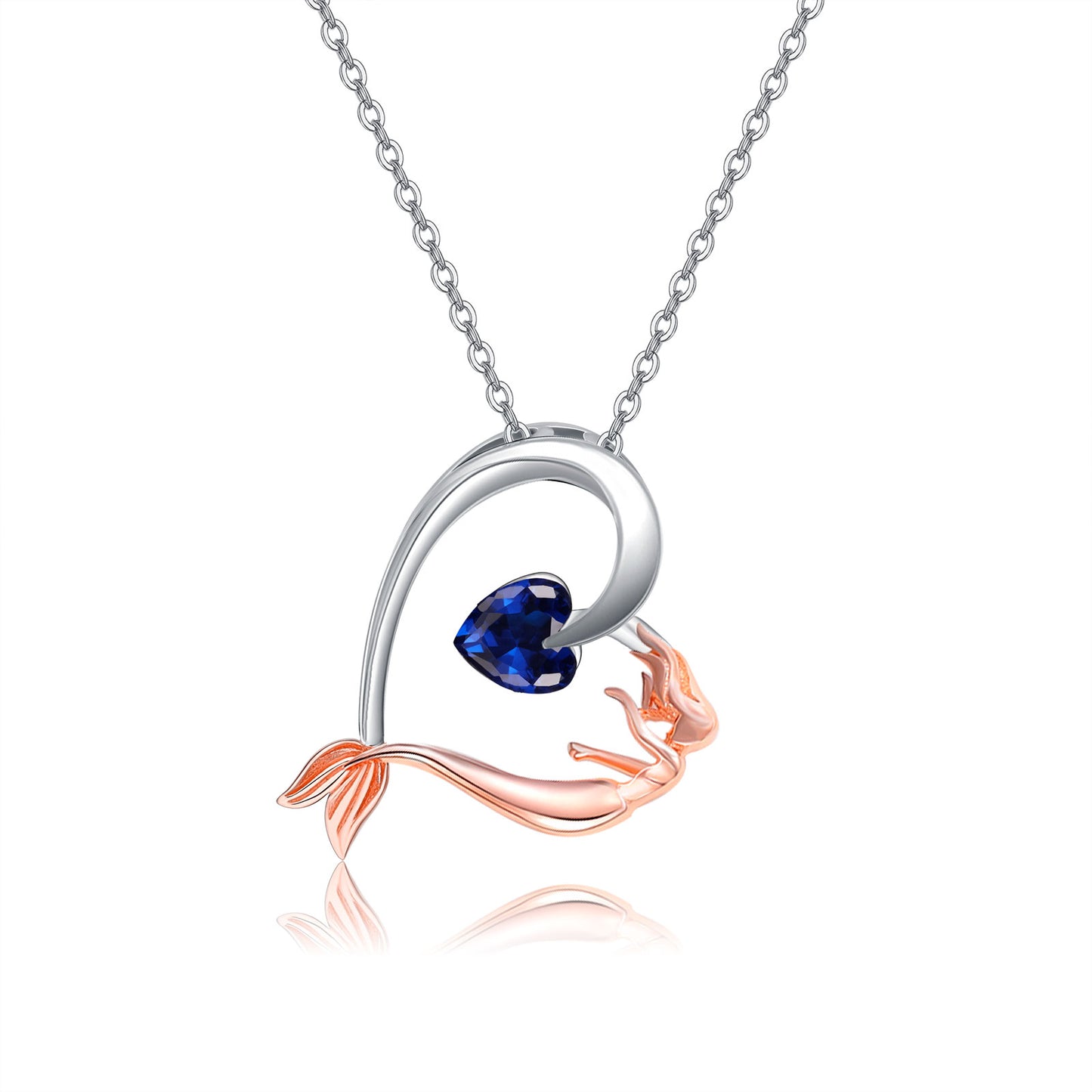 Mermaid Heart Necklace with Blue Heart Crystal 925 Sterling Silver