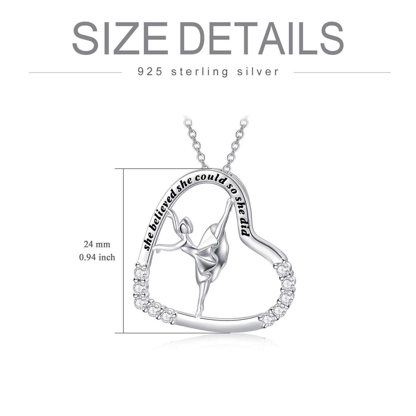 Ballerina Dancer Heart Ballet Dance Pendant Necklace 925 Sterling Silver