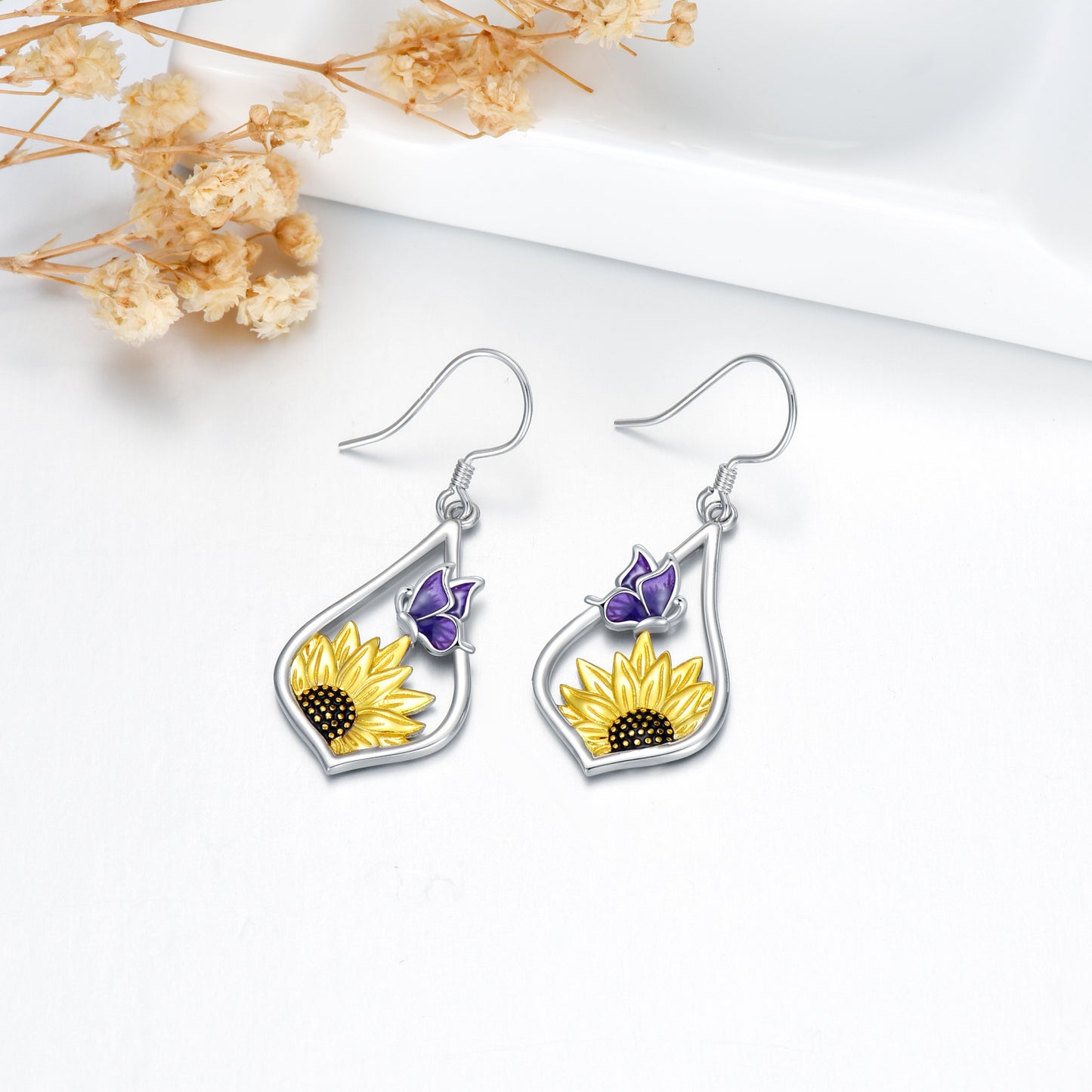 Sunflower Dangle Earrings with Purple Butterfly 925 Sterling Silver