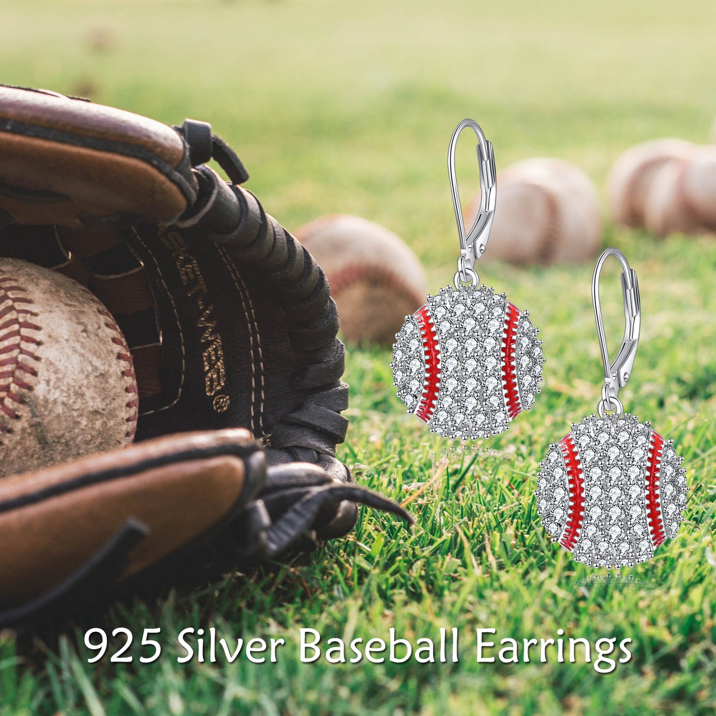 Baseball Earrings 925 Sterling Silver Leverback Dangle Drop Earrings Sports Jewelry