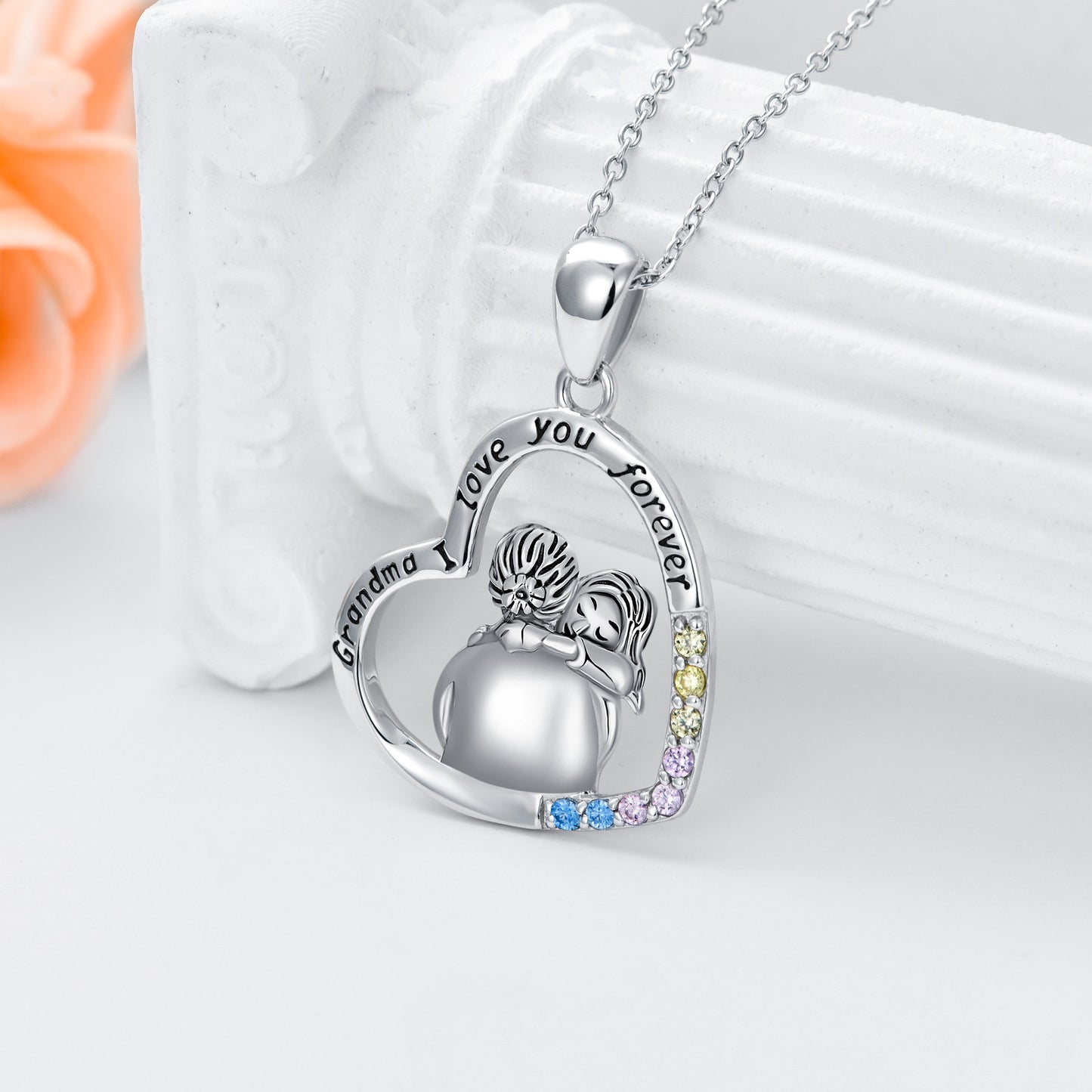 "Grandma I love you forever" 925 Sterling Silver Necklace Plated with White Gold featuring Colored Cubic Zirconia