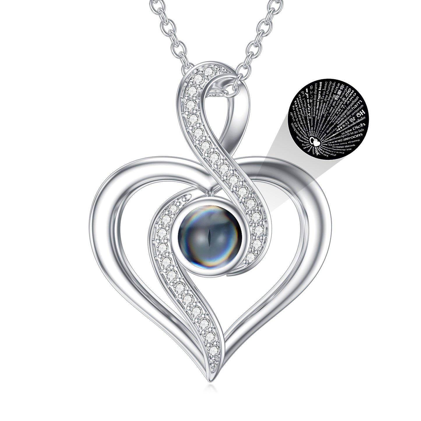 I Love You 100 Languages Heart Infinity Projection Necklace 925 Sterling Silver