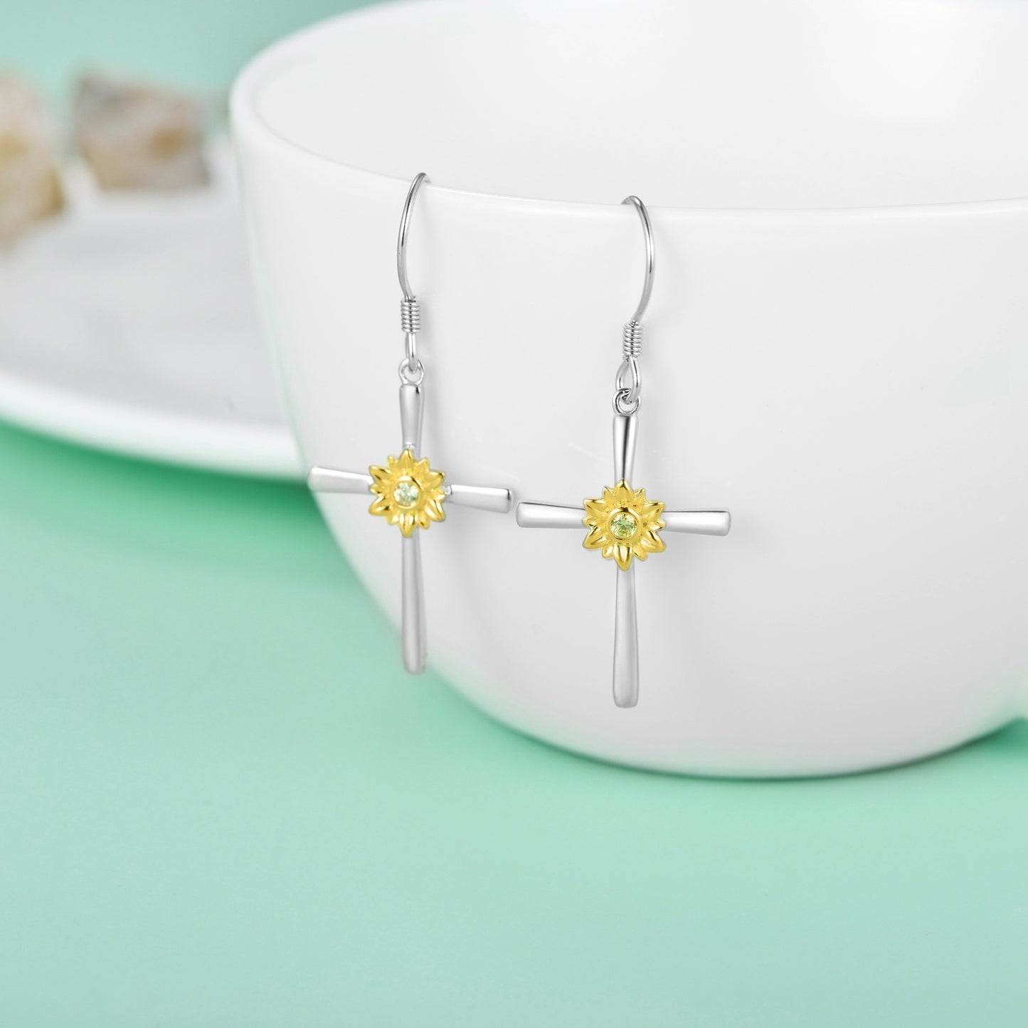 Sunflower Cross Earrings 925 Sterling Silver Cross Dangle Drop Hook Earrings