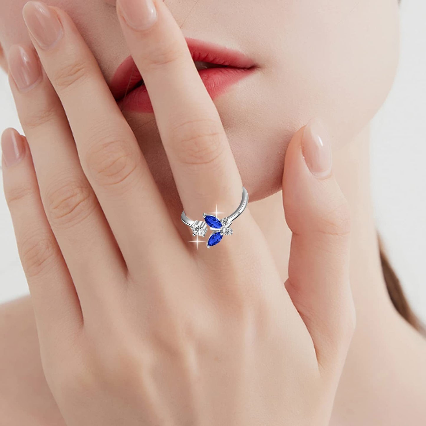 Butterfly Ring with Sapphire Blue Crystal 925 Sterling Silver