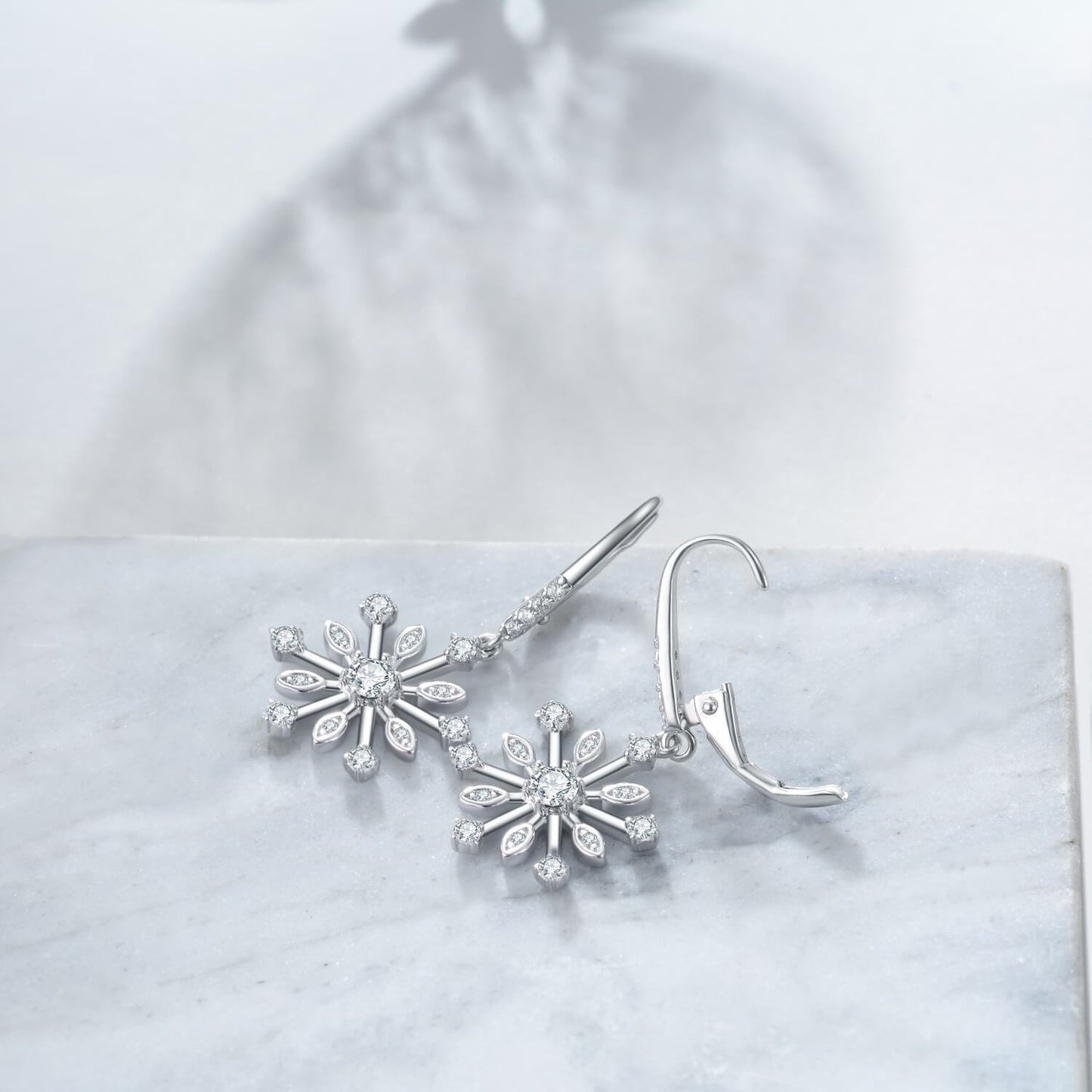 Zirconia Snowflake 925 Sterling Silver Leverback Dangle Drop Earrings