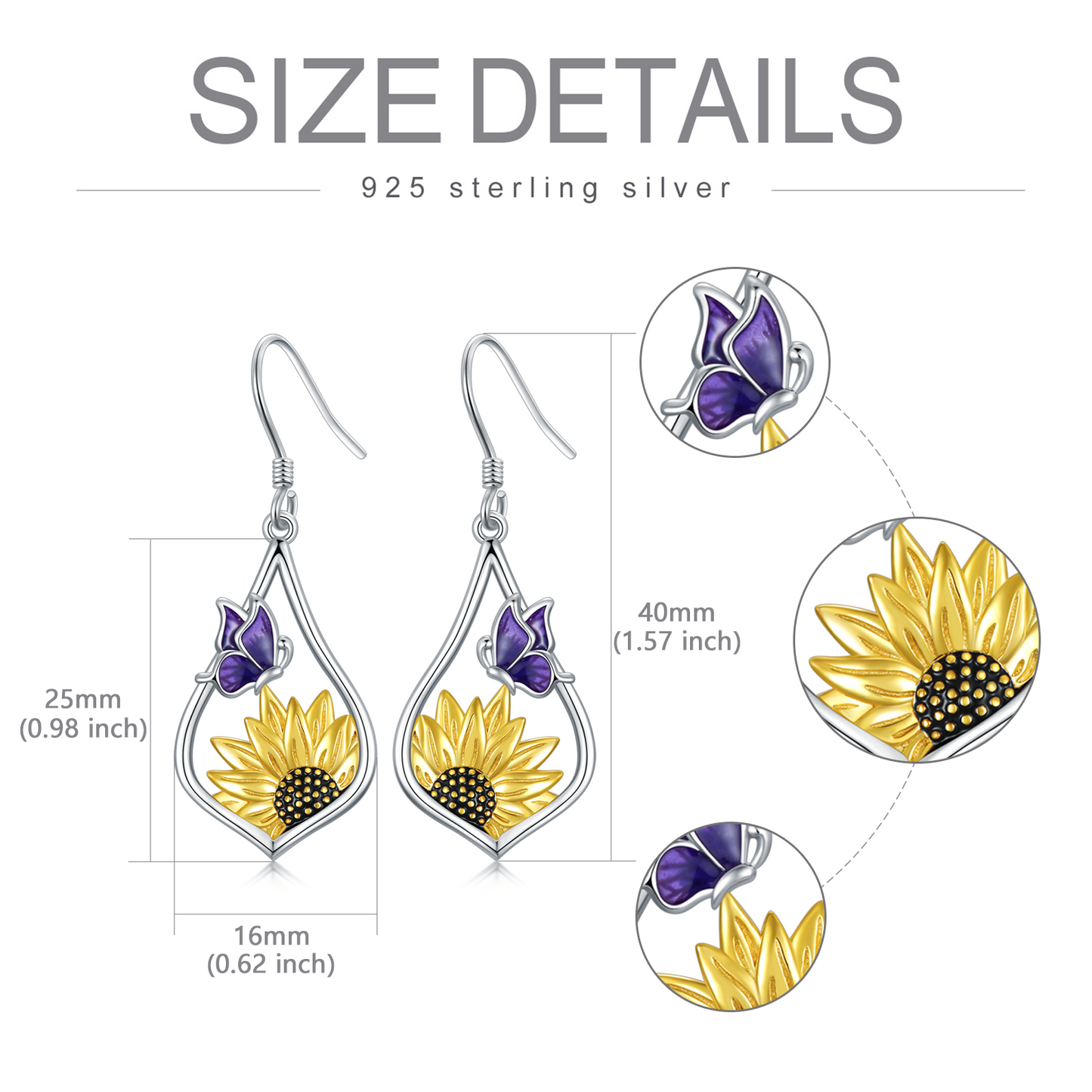 Sunflower Dangle Earrings with Purple Butterfly 925 Sterling Silver