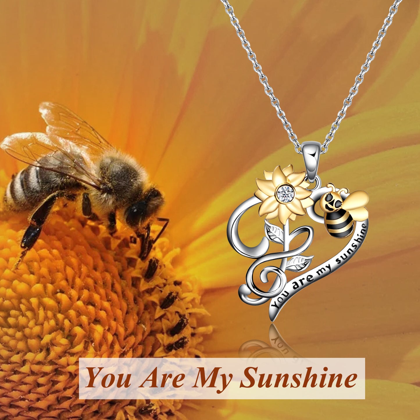 You Are My Sunshine Sunflower Bee Pendant Necklace 925 Sterling Silver