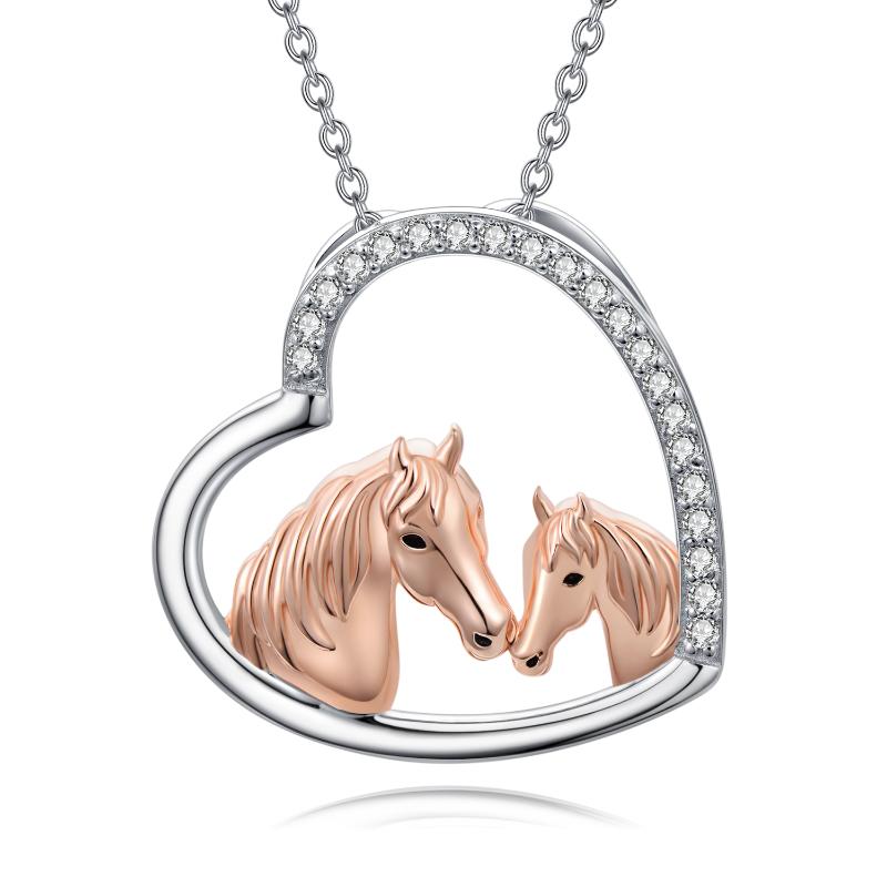 Mama and Baby Horse Heart Mother Daughter Necklace 925 Sterling Silver