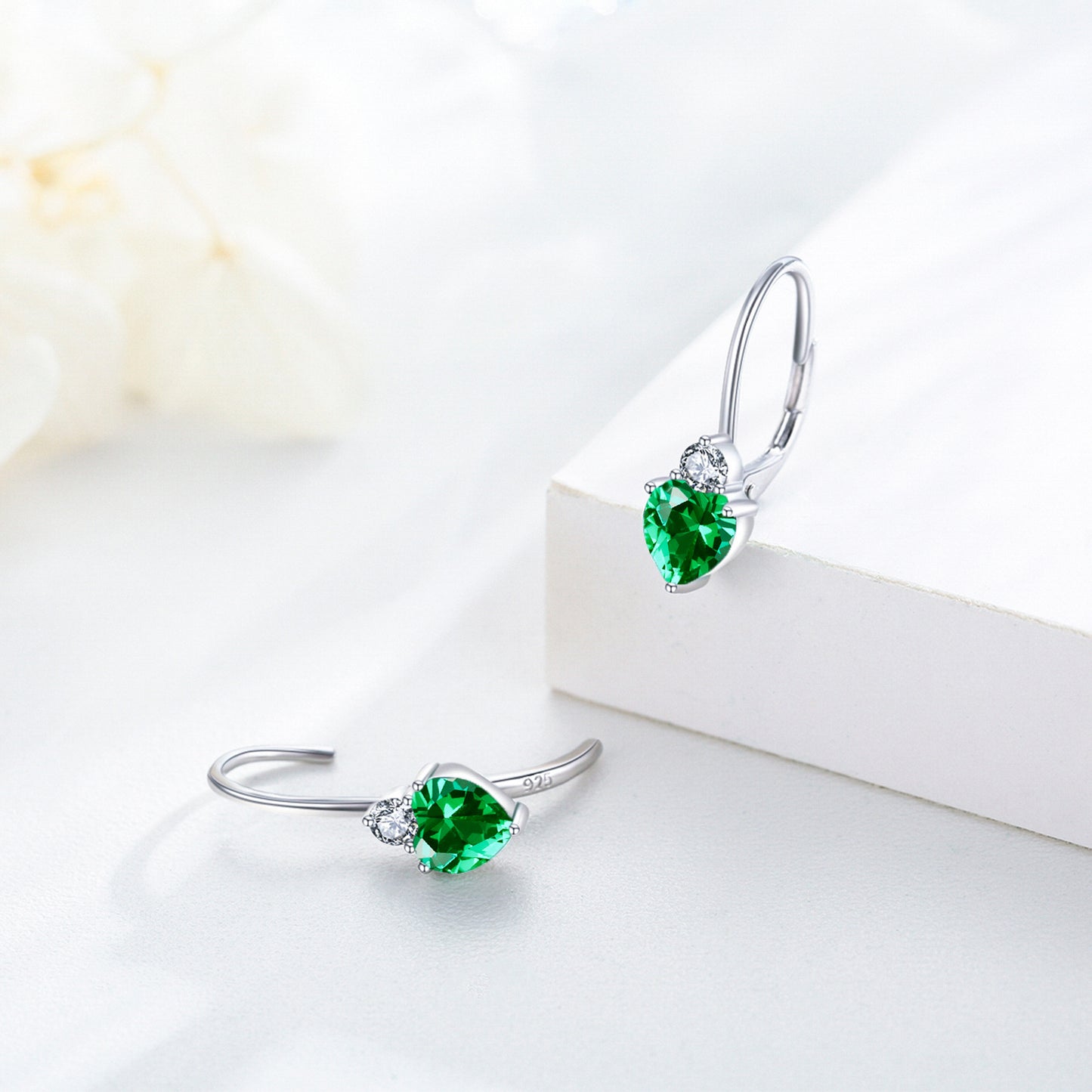 Sterling Silver Heart Earrings with Emerald Green Cubic Zirconia