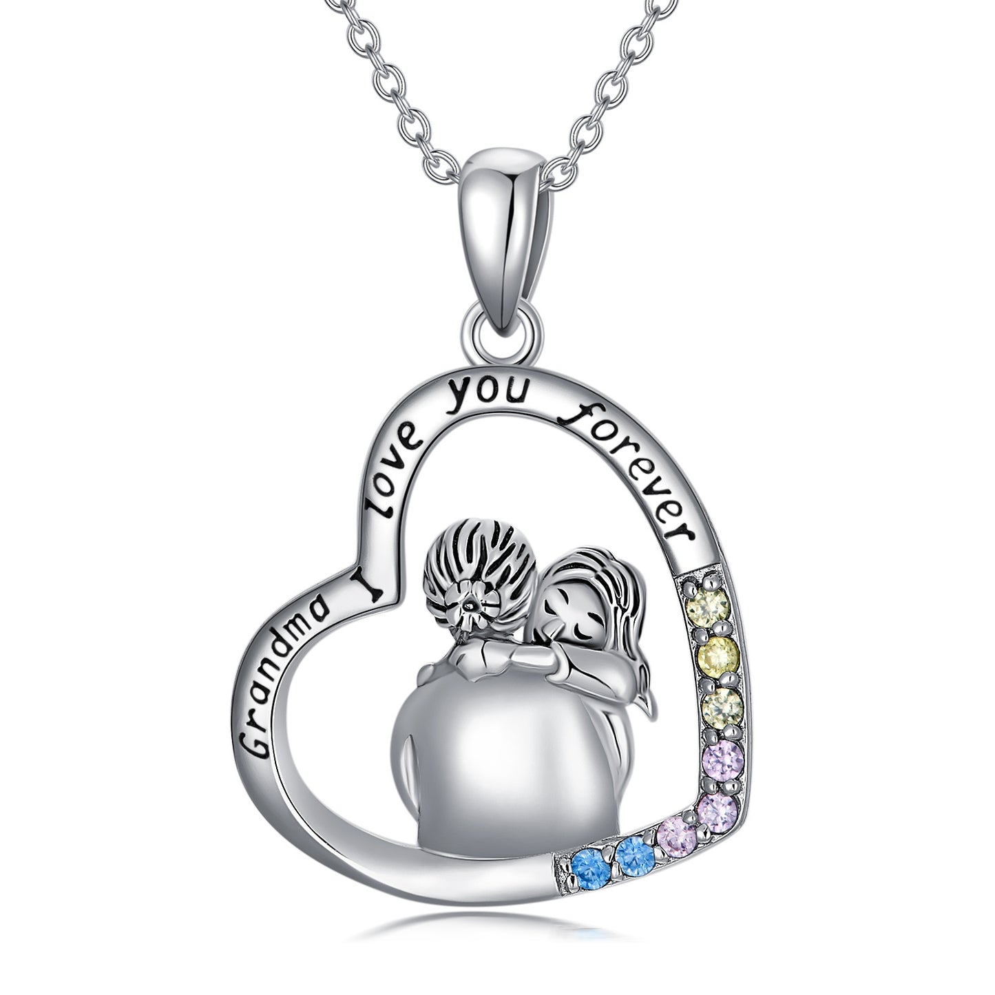 "Grandma I love you forever" 925 Sterling Silver Necklace Plated with White Gold featuring Colored Cubic Zirconia