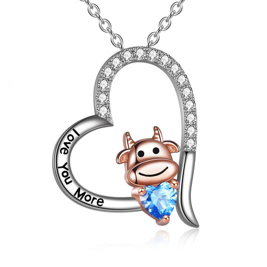 Year of the Ox 925 Sterling Silver & Cubic Zirconia Heart Cow Pendant Necklace