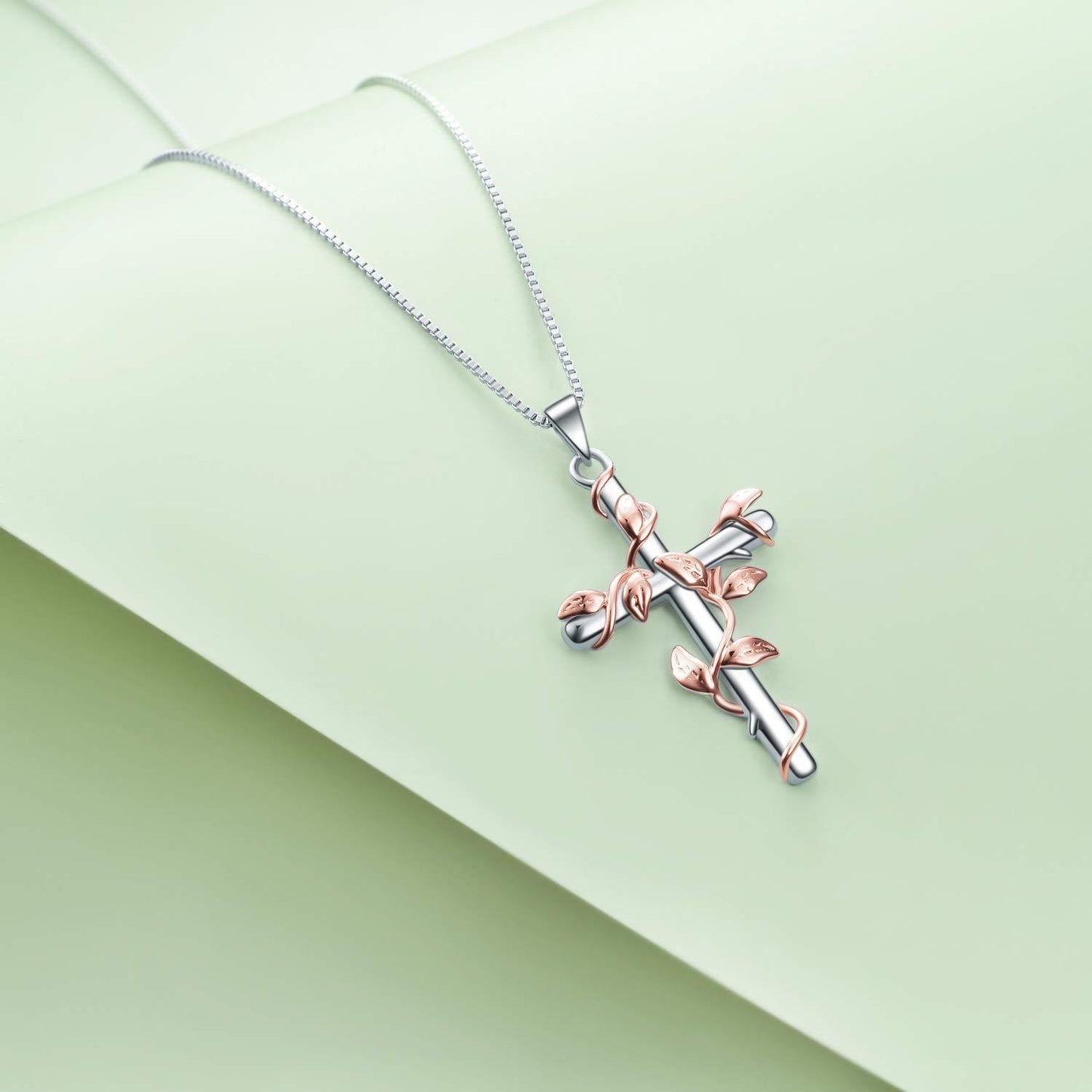 925 Sterling Silver Rose Flower Cross Pendant Necklace