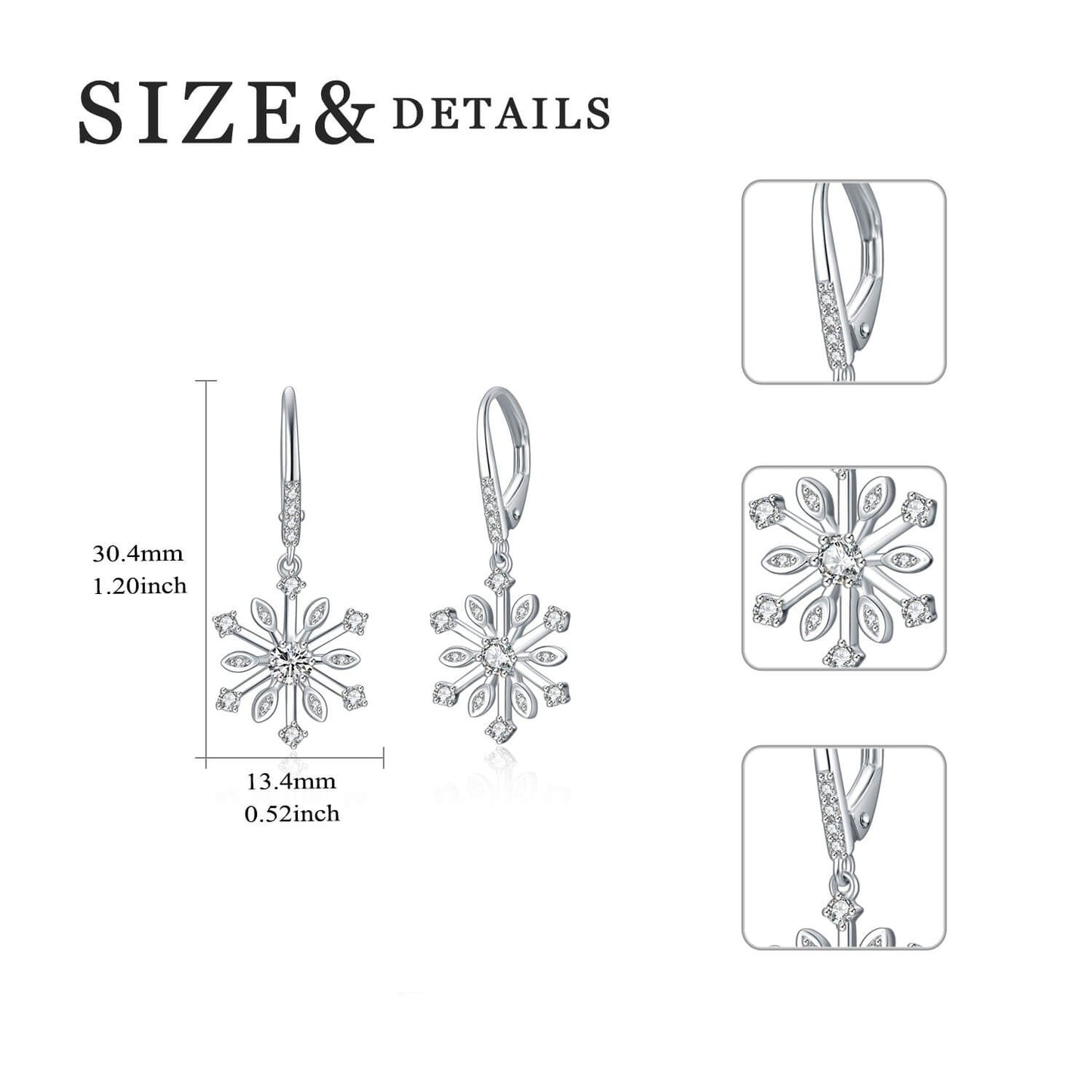 Zirconia Snowflake 925 Sterling Silver Leverback Dangle Drop Earrings