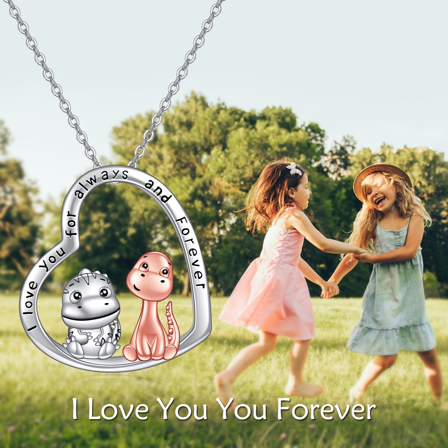 I Love You Always and Forever Dinosaur Pendant Necklace 925 Sterling Silver