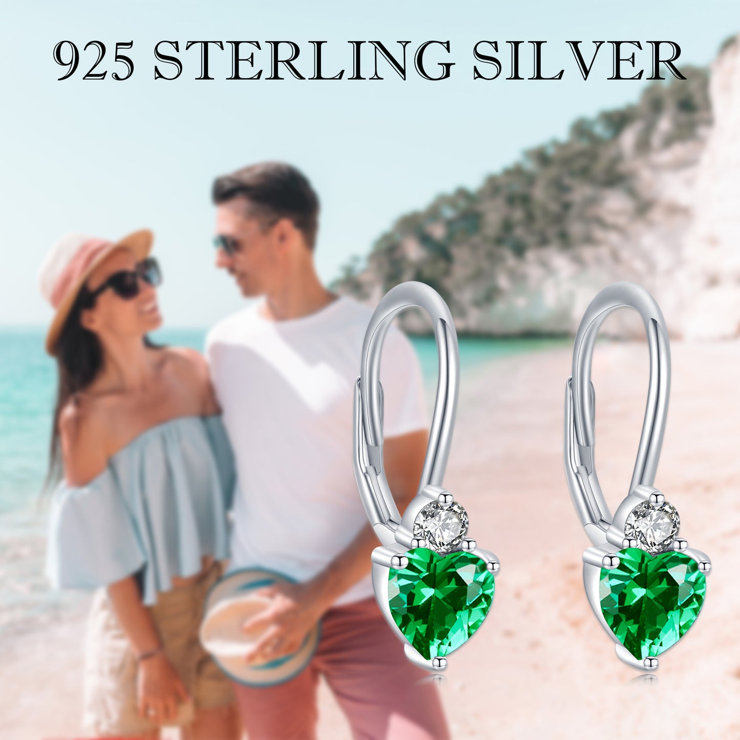 Sterling Silver Heart Earrings with Emerald Green Cubic Zirconia