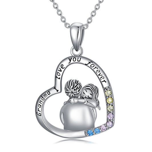 "Grandma I love you forever" 925 Sterling Silver Necklace Plated with White Gold featuring Colored Cubic Zirconia