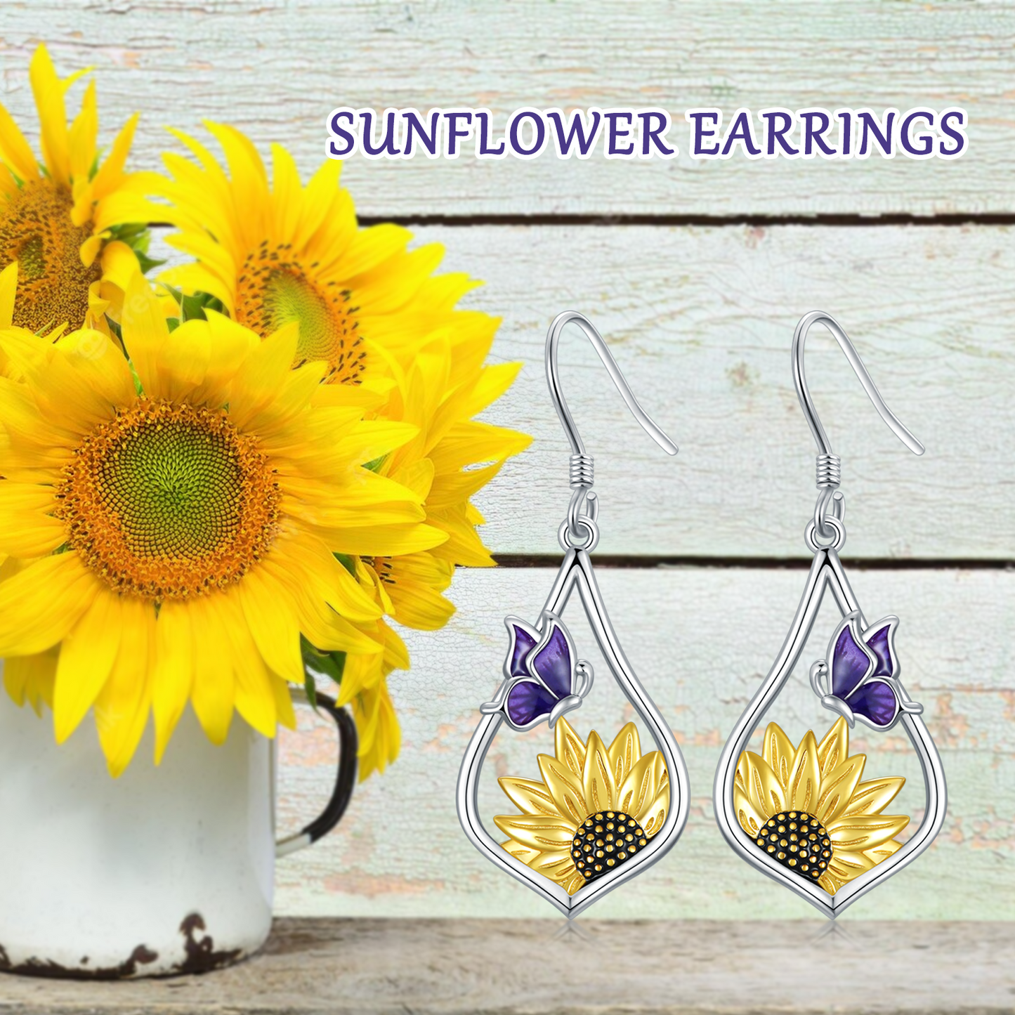 Sunflower Dangle Earrings with Purple Butterfly 925 Sterling Silver