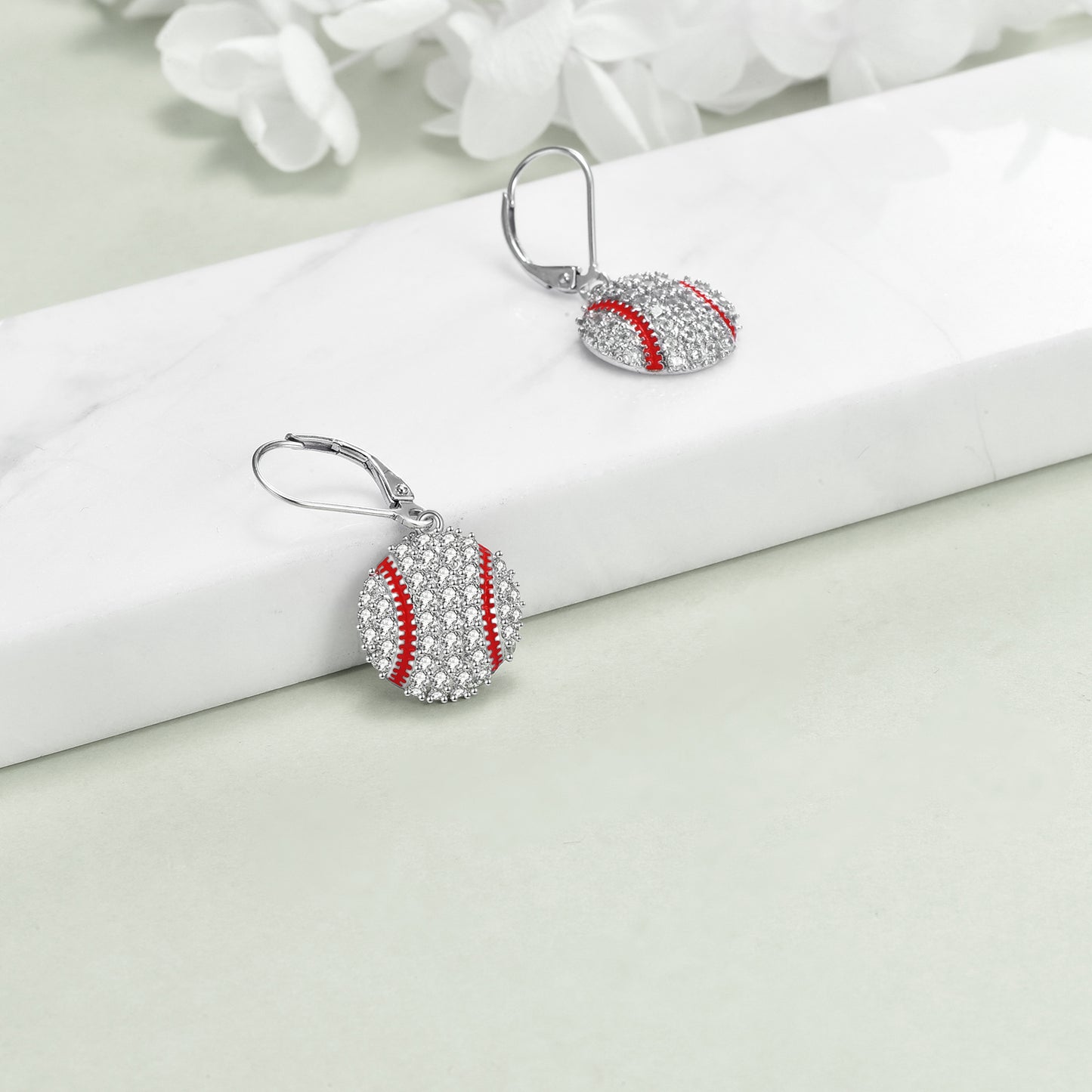 Baseball Earrings 925 Sterling Silver Leverback Dangle Drop Earrings Sports Jewelry