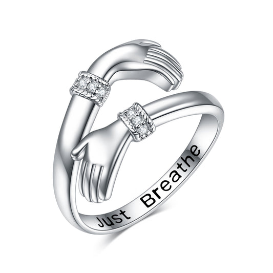 Just Breathe Hug Ring 925 Sterling Silver Adjustable Hand Ring