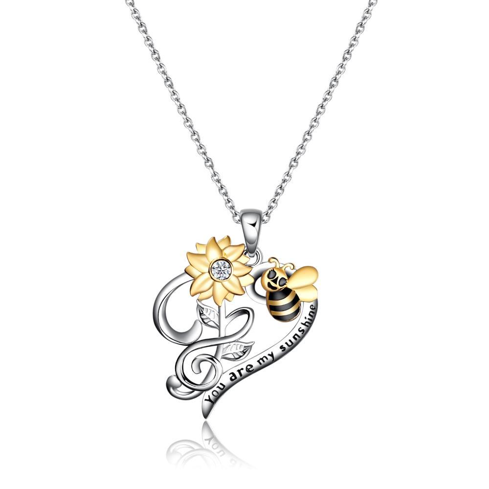 You Are My Sunshine Sunflower Bee Pendant Necklace 925 Sterling Silver