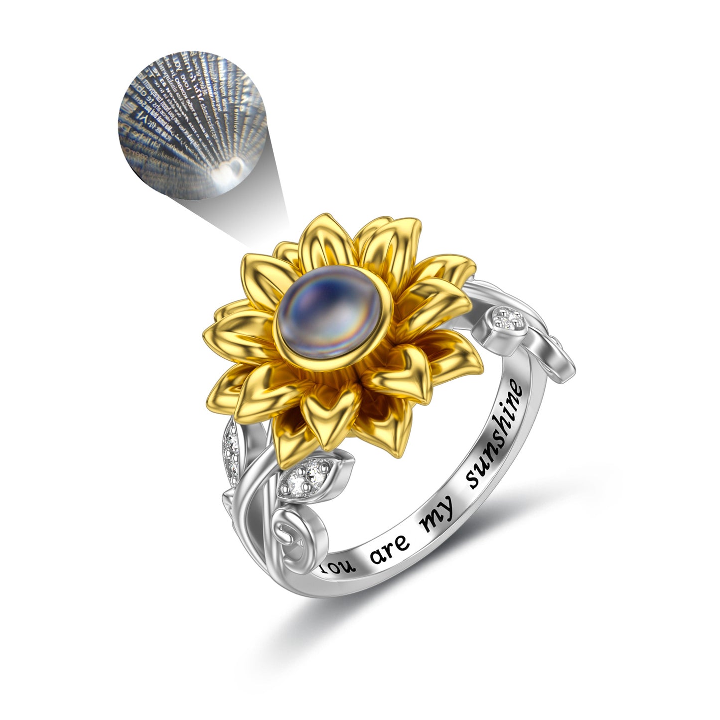 You Are My Sunshine Sunflower Ring with I Love You in 100 Languages Projection 925 Sterling Silver