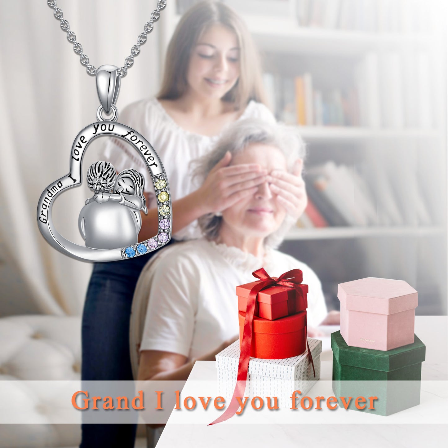 "Grandma I love you forever" 925 Sterling Silver Necklace Plated with White Gold featuring Colored Cubic Zirconia