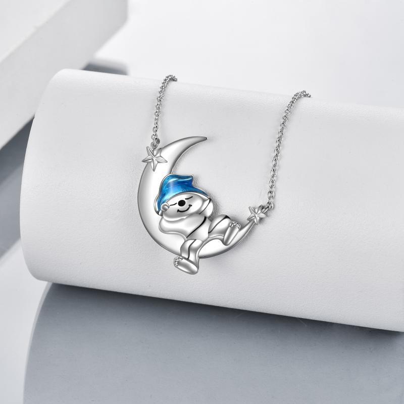 Cute Sleeping Bear on the Moon 925 Sterling Silver Pendant Necklace