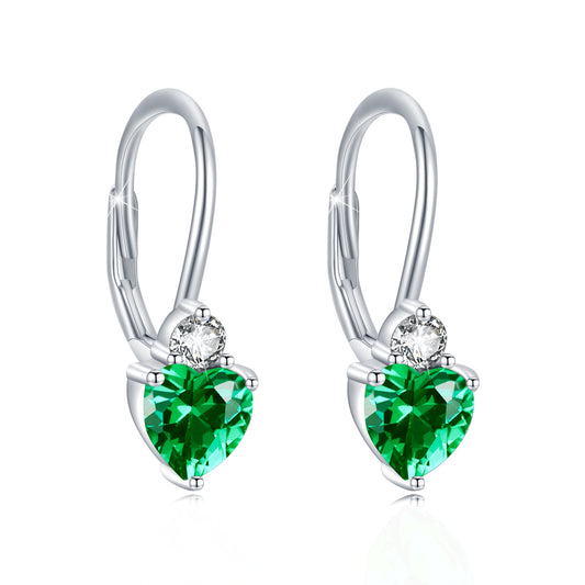 Sterling Silver Heart Earrings with Emerald Green Cubic Zirconia