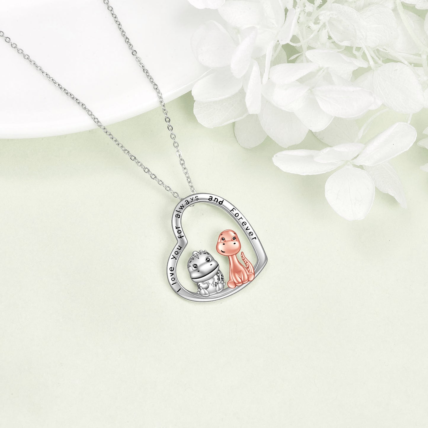 I Love You Always and Forever Dinosaur Pendant Necklace 925 Sterling Silver