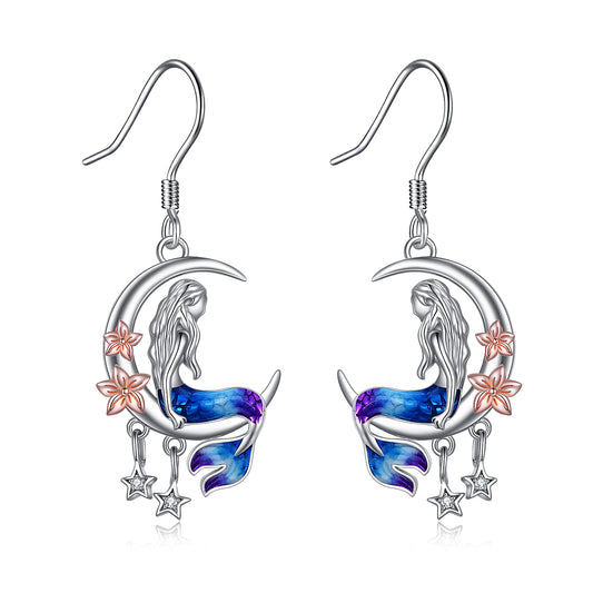 Mermaid Crescent Moon Dangle Drop Earrings 925 Sterling Silver