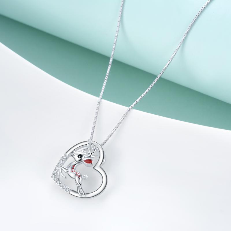 Christmas Reindeer Heart 925 Sterling Silver Necklace