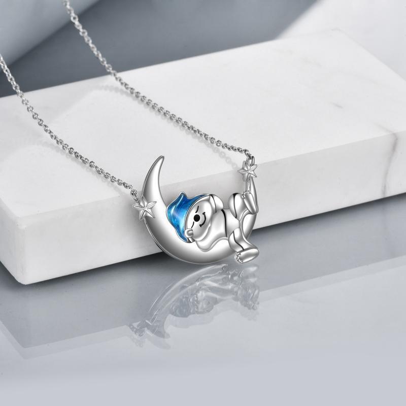 Cute Sleeping Bear on the Moon 925 Sterling Silver Pendant Necklace