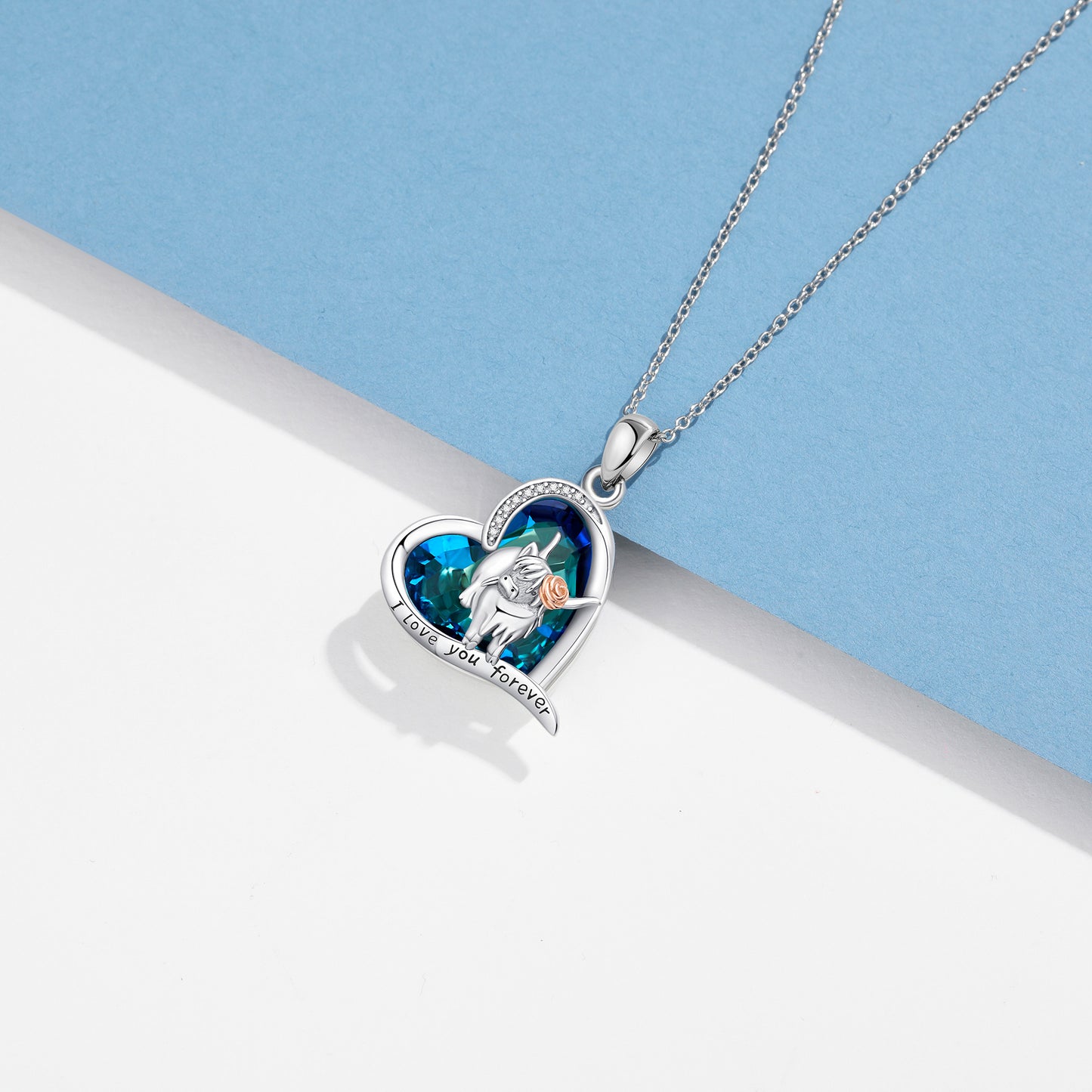 Highland Cow Blue Crystal 925 Sterling Silver Heart Cow Pendant Necklace