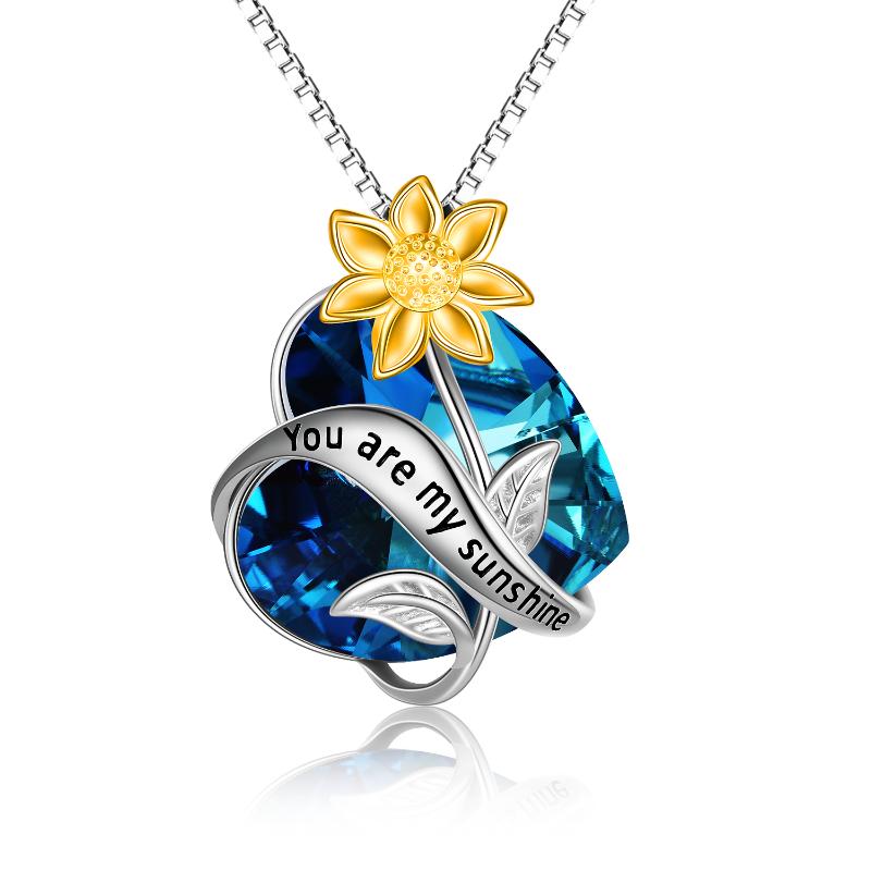 You Are My Sunshine Sunflower Pendant Necklace 925 Sterling Silver with Crystal