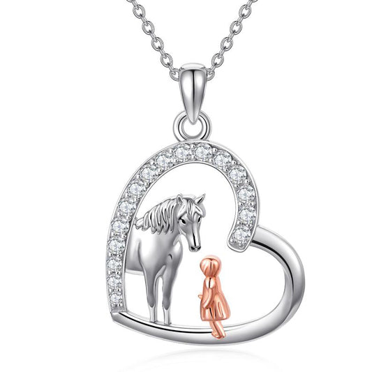 Horse and Girl Heart Pendant Necklace 925 Sterling Silver