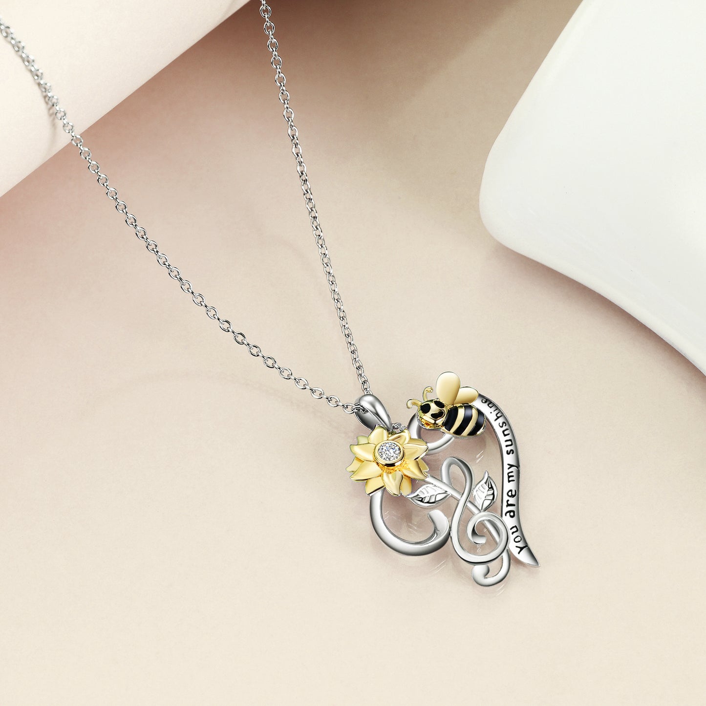 You Are My Sunshine Sunflower Bee Pendant Necklace 925 Sterling Silver