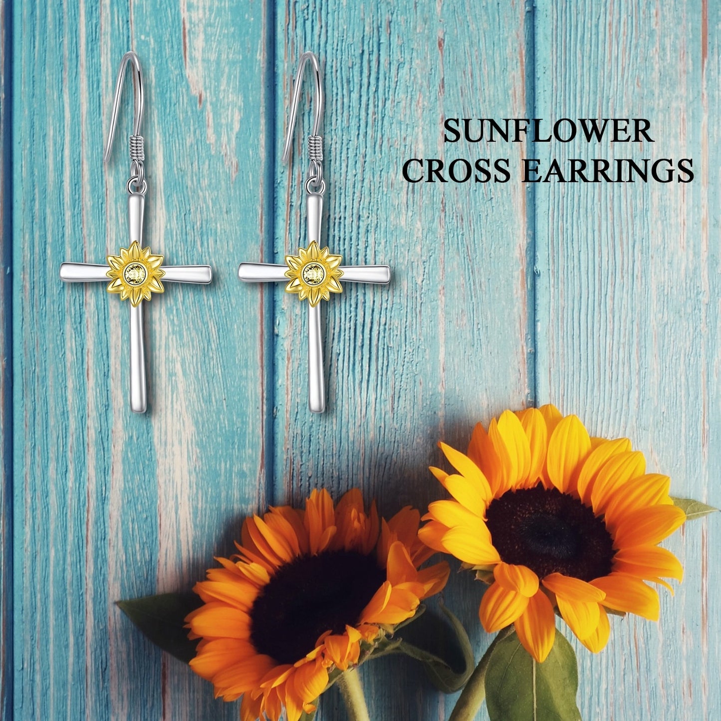 Sunflower Cross Earrings 925 Sterling Silver Cross Dangle Drop Hook Earrings