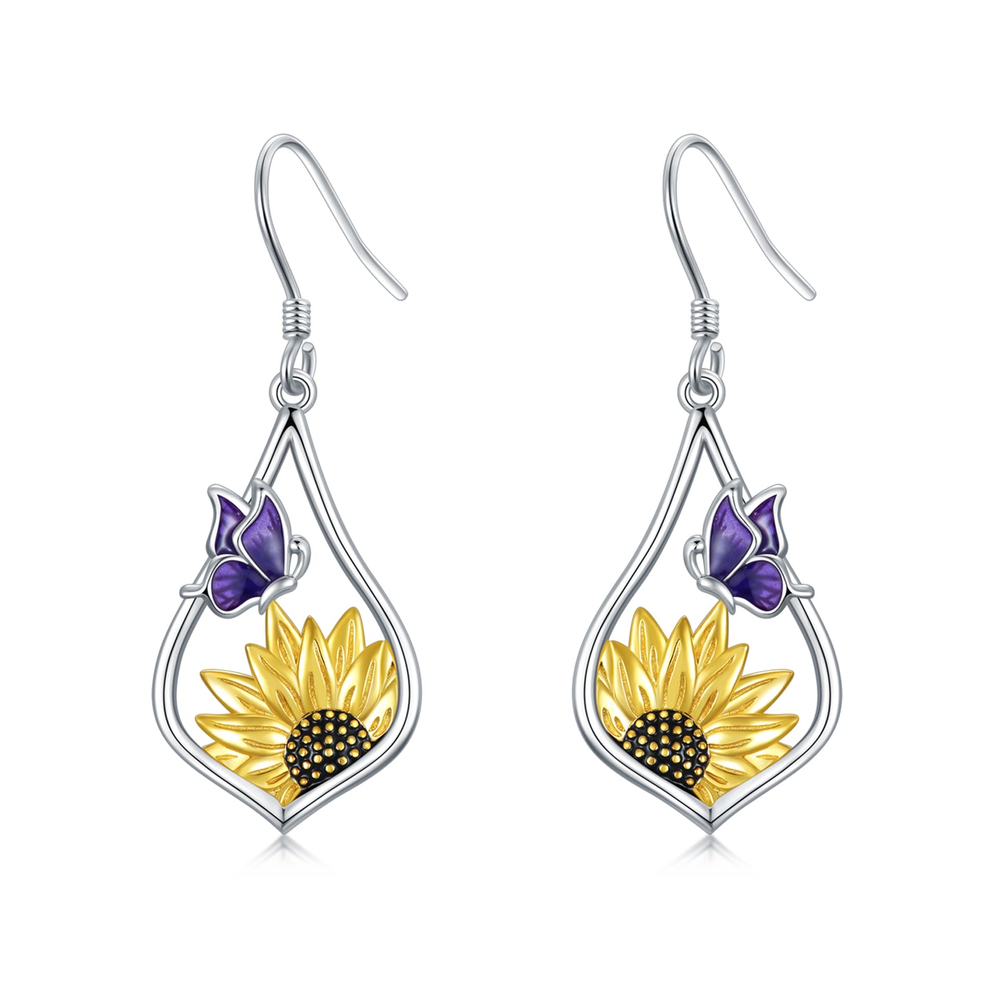 Sunflower Dangle Earrings with Purple Butterfly 925 Sterling Silver