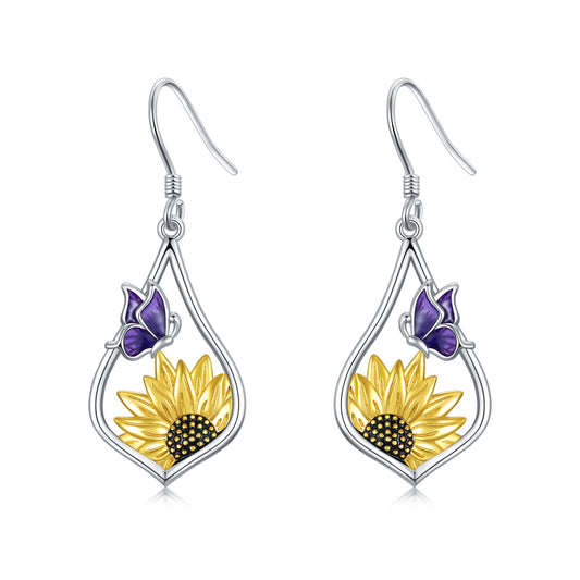 Sunflower Dangle Earrings with Purple Butterfly 925 Sterling Silver